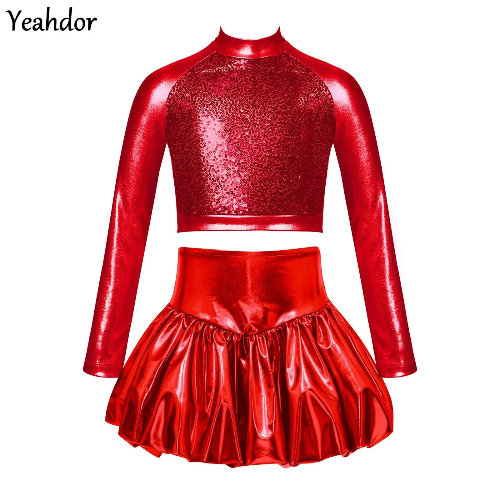 

Kid Girls Metallic Shiny 70s Disco Jazz Dance Costume Long Sleeve Sequin T-Shirt Crop Top with Bubble Skirt Ballroom Hip Hop Set