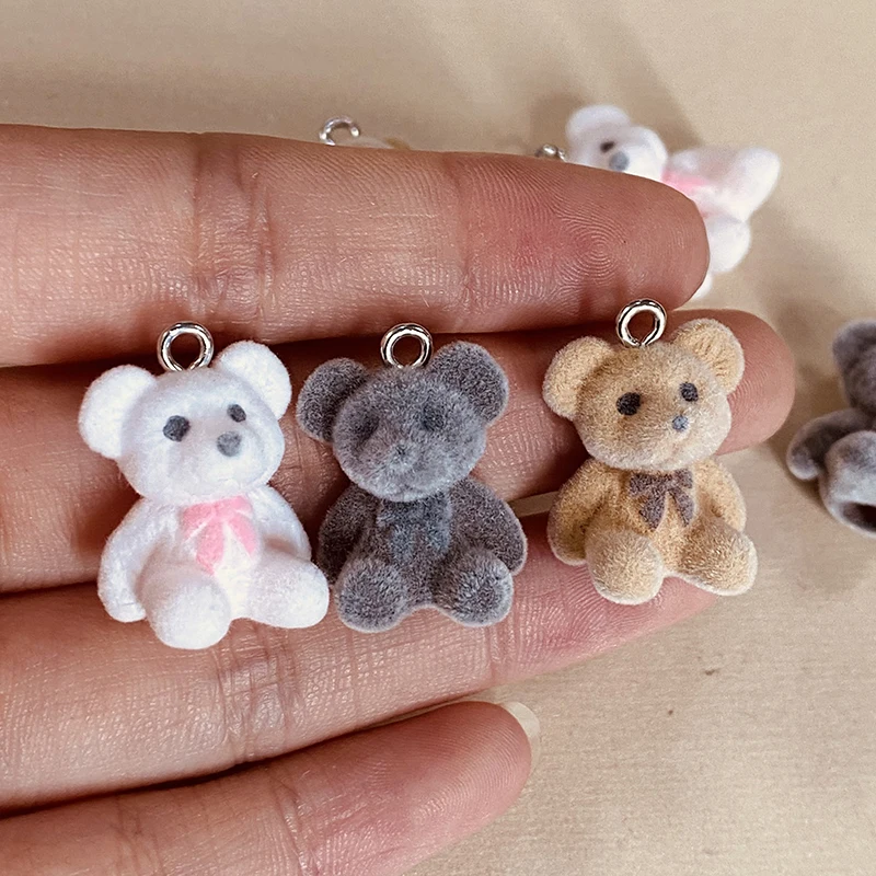 6pcs Cute Flocked Bear Resin Charms Lots Miniature Animal Pendants For Earring Necklace Keychians Diy Jewelry Making