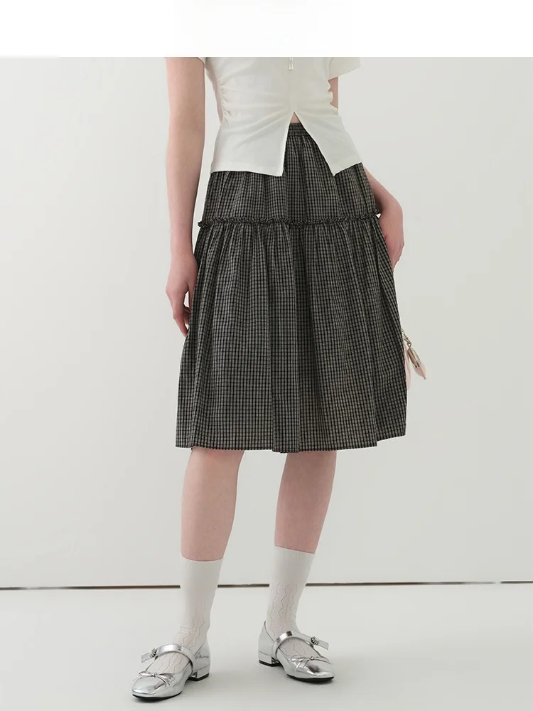 

Юбка трапециевидной формы с высокой талией, женская летняя новинка 2025, утягивающая хлопковая юбка в клетку в клетку в стиле ретро, деревянная юбка для бизнеса