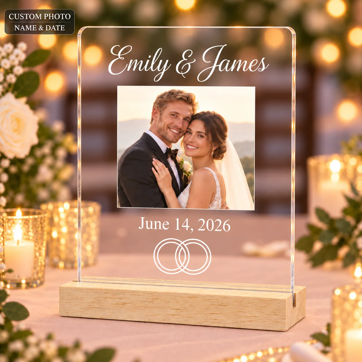Personalized Wedding Acrylic Plaque Custom  Photo Names Date Wood Stand Tabletop Decor Marriage Valentine Romantic Memory Gift