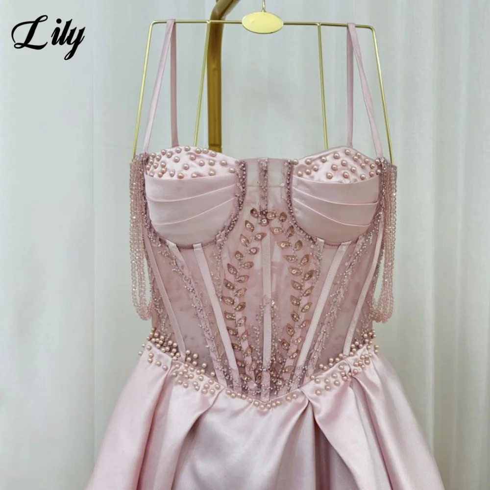 Розовое вечернее платье с лилией и блестками, платье для выпускного вечера со складками и бисером, свадебные платья, корсет сзади, халаты для вечеринок по индивидуальному заказу