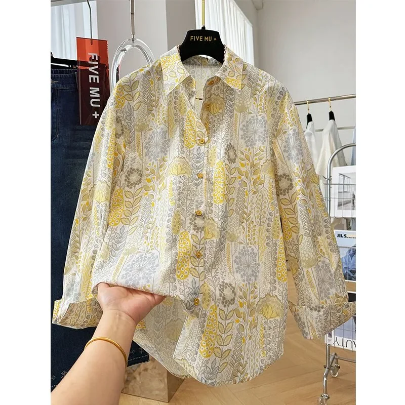 

Women's Floral Print Cotton Shirt Long Sleeve Casual Loose Button Down Blouse