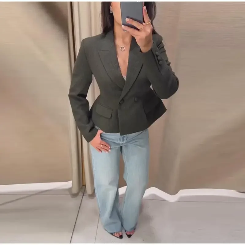Damenmäntel mit Revers, tailliert, kurze Anzugjacke, Frühling Herbst, Büro-Damen, langärmelig, einfarbig, schmaler Schnitt, schicke neue Oberbekleidung – Detail 7