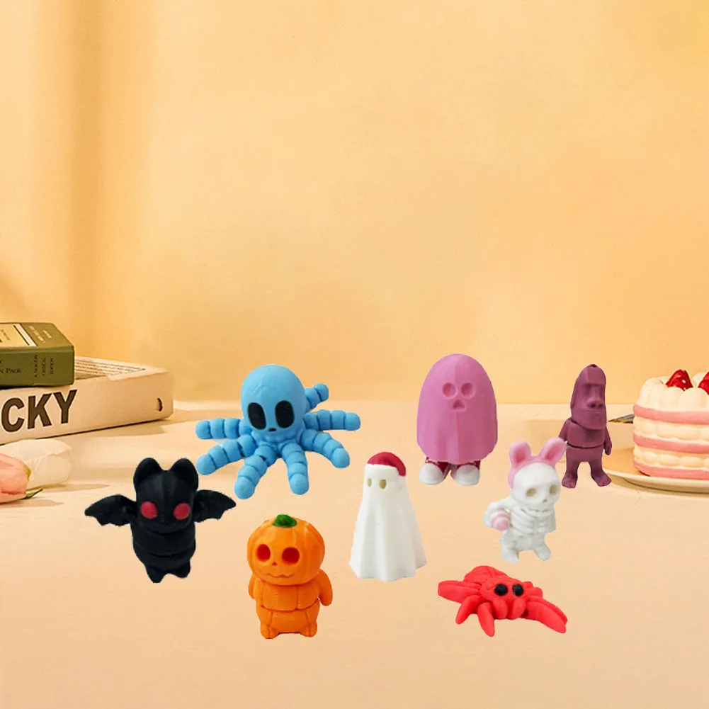 

8pcs 3D Printed Mini Animals Set with Container Pumpkin Bat Spider Skeleton Man Statue Halloween Articulated Fidget Desk Toys