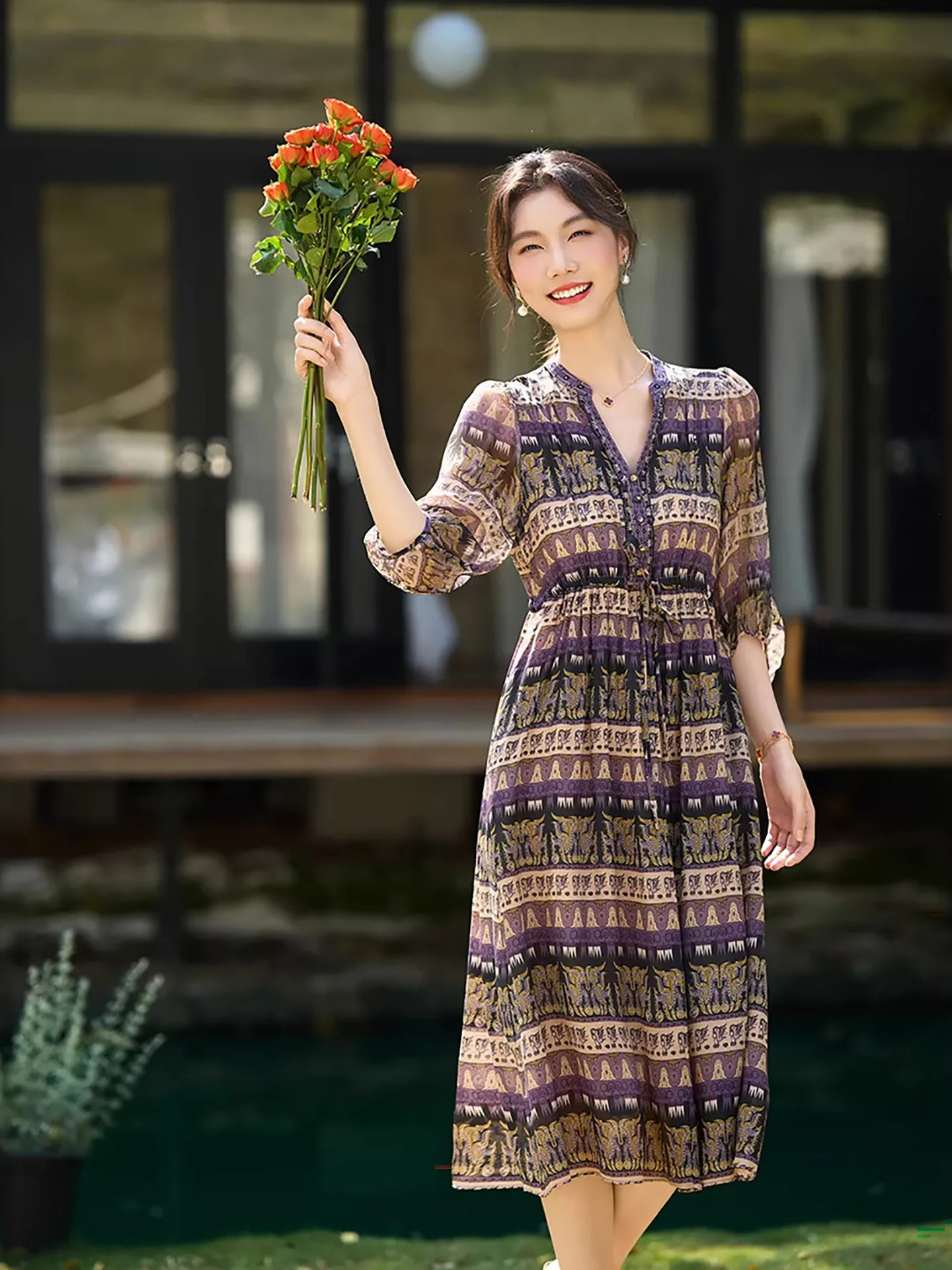 Elegant V-neck Silk Dress Women's A-line Skirt Printed Slimming Waist Drawstring Summer New Arrival Fashionable Casual Dress