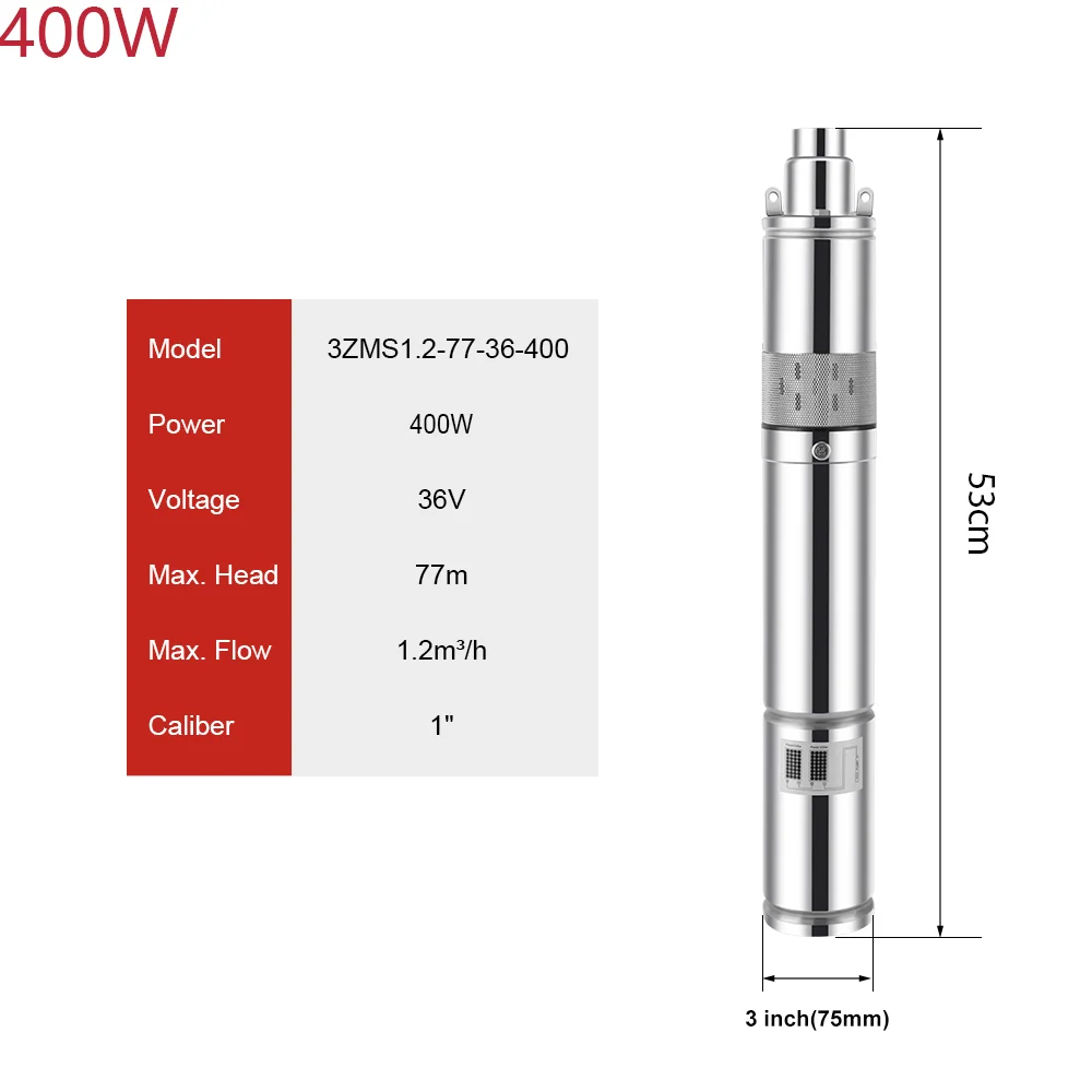 Max Flow Rate 1200L Per Hour Solar PV Stainless Steel Drilling Pump 400W DC 36V Max Head 77M Solar DC Brushless Water Pump