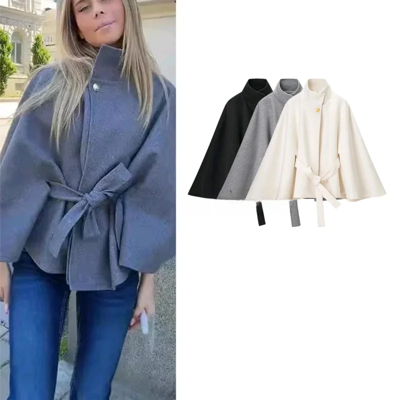 

Winter New Arrival Women's Retro Sle Stand Collar Long Sve Knot Belted ort Length Woolen Coat Casual Fit