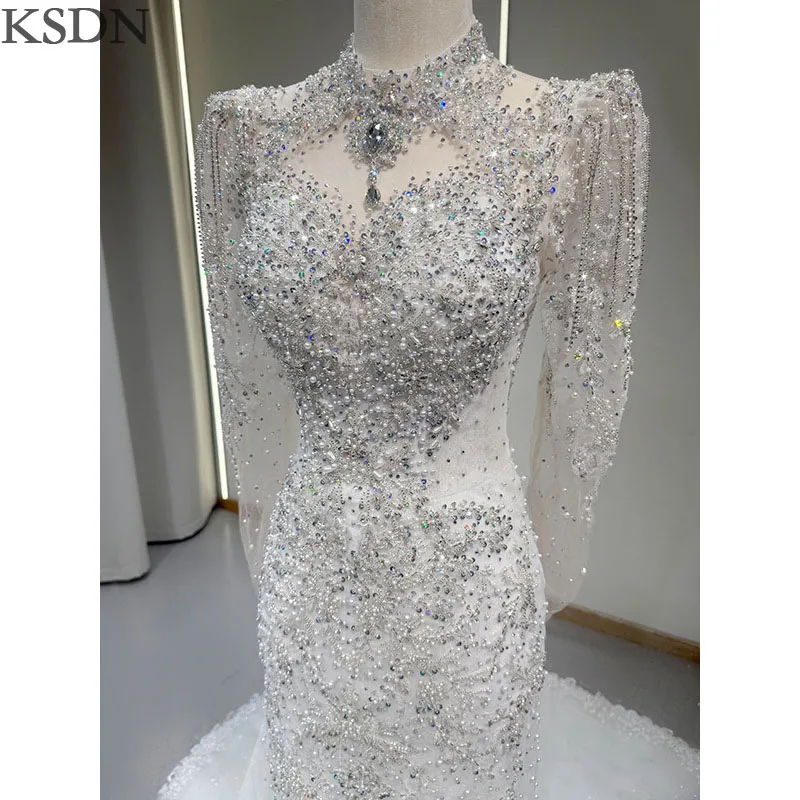 KSDN Exquisite Sparkly Wedding Dresses Formal Occasion Long Sleeve Chapel Train Beading Dress Customzied Lace Up Bridal Gowns