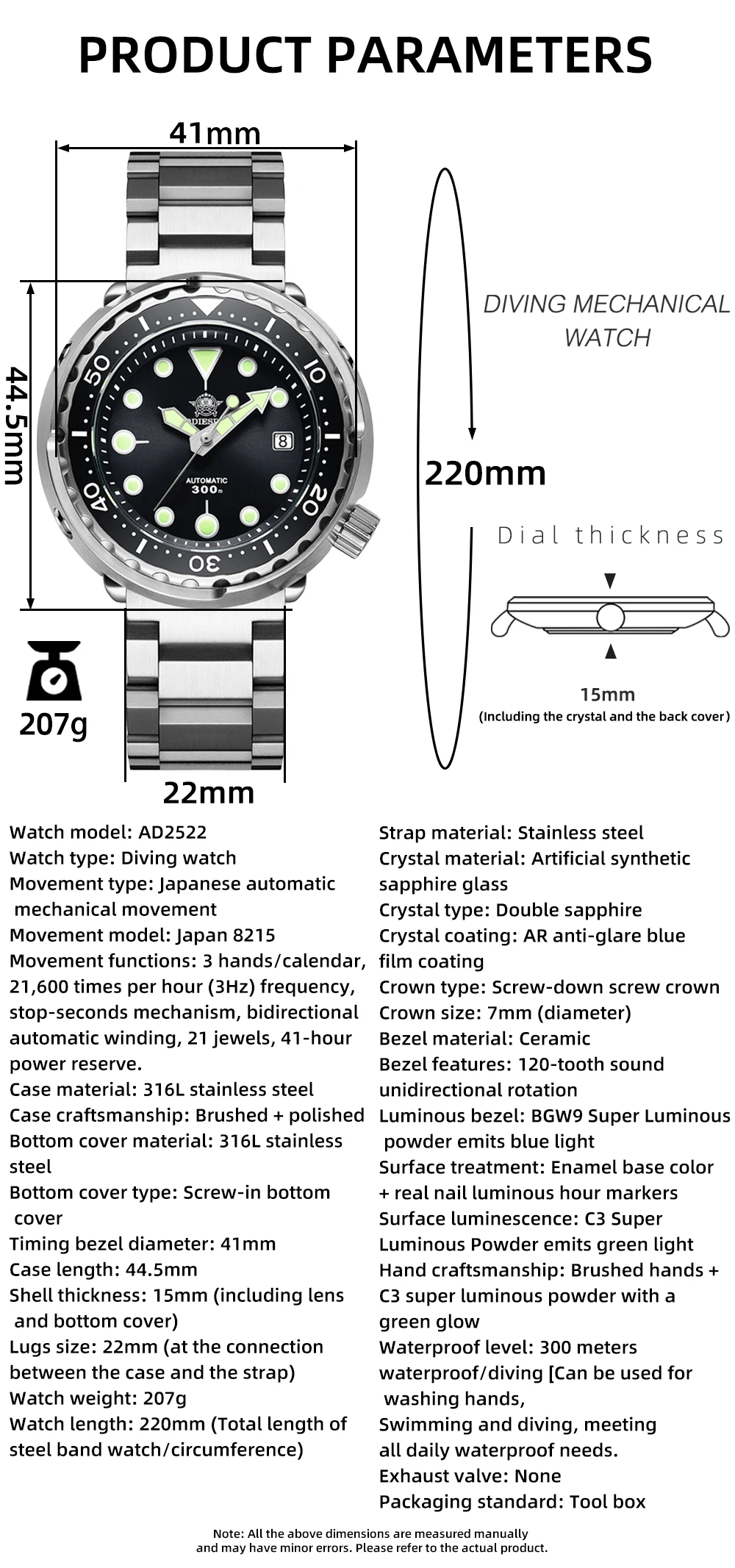 ADDIESDIVE Men's Automatic Mechanical Watch with Sapphire Crystal BGW9 Super Luminous Tuna Diver Watch 300m Business Watches