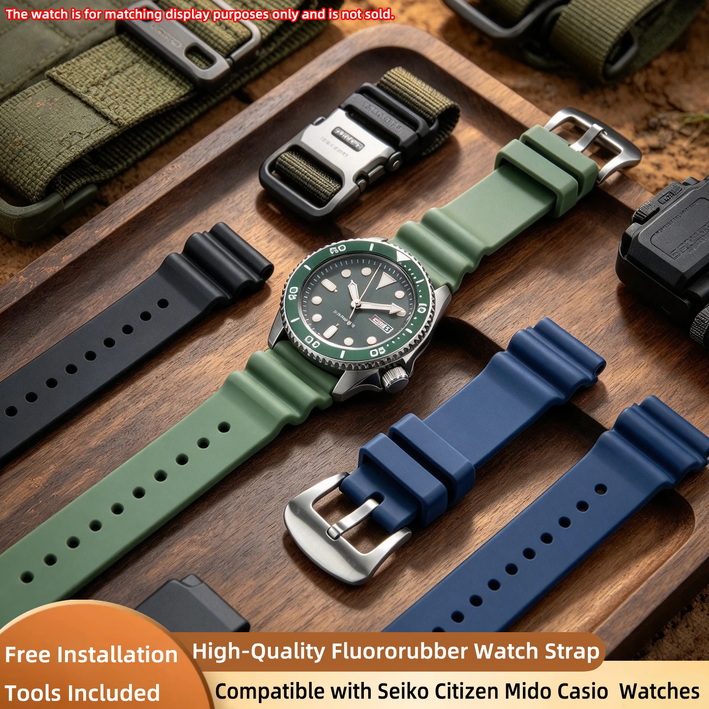 Waterproof Fluororubber Watch Strap Replacement 20/22mm,Durable Accessory for Seiko 5 Tuna Turtle,Citizen,Mido,Casio Swordfish