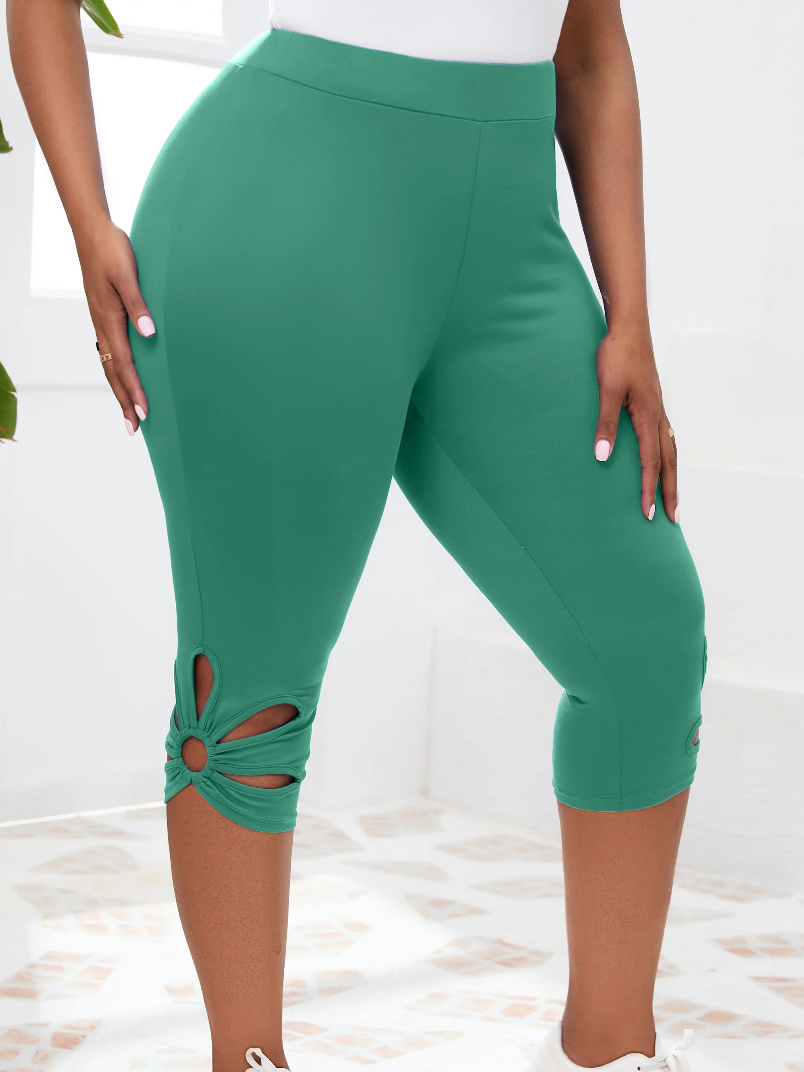 Large size new hollowed out design tight fitting cropped pants with high waist elasticity, slim fit, casual sports leggings