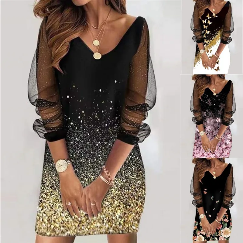 2024 neue Frühling-Stil Rundhals Pailletten Perspektive Gaze Dame Kleid