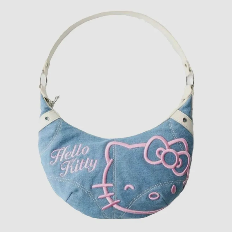 Bolsa MBTI Hello Kitty Denim Vintage para Mulheres, Bordado Bonito, Moda Cartoon, Bolsa de Ombro, Casual Feminina, Bolsa de Axila Diária, Nova