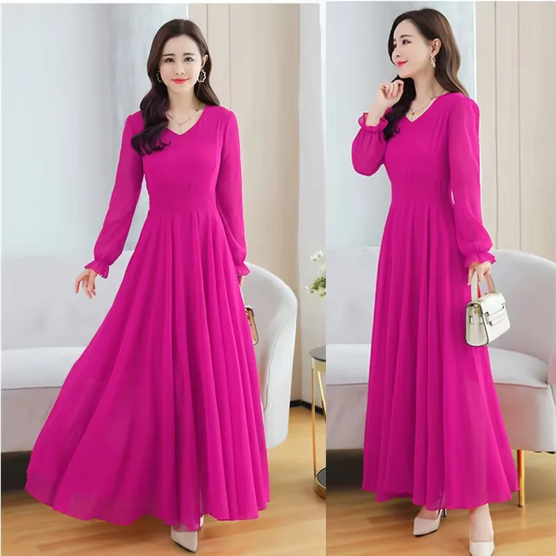 Light Luxury Temperament Solid Color Dress High-End Plus Size Women\'s Spring/Summer French Dress Chiffon Long Dress Purple White
