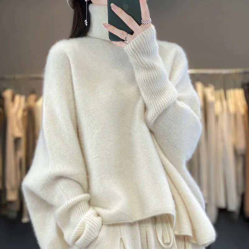 BELIARST Autumn/Winter New Sweater Women's High Lapel Jumper 100% Merino Wool Loose Bat Sweater Fashion Korean Oversized Top