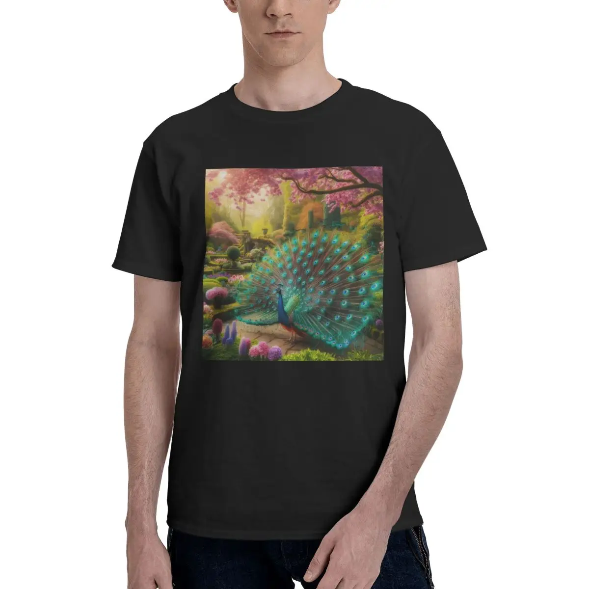 2024 New Summer Men Basic Short Sleeve T-Shirt Peacock Premium Quality Pattern Print,Graphic Cool Edgy Casual Tees Streetwear