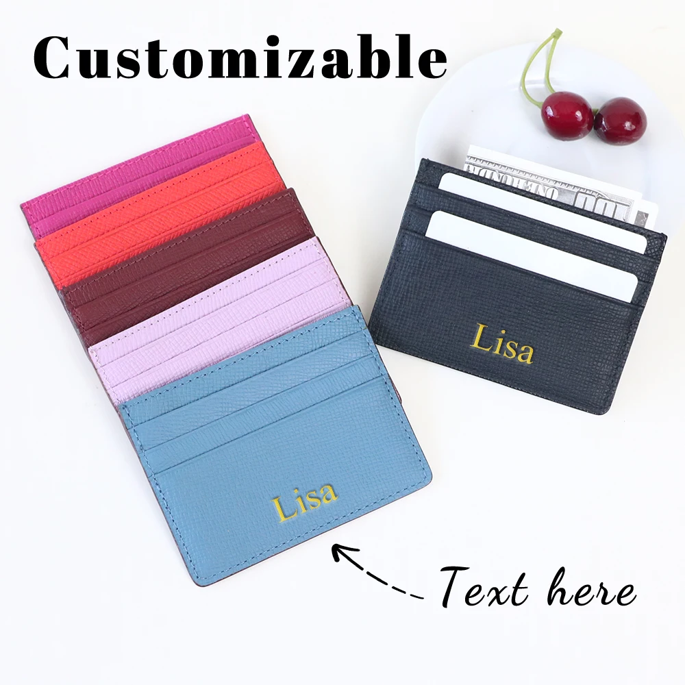 Customized name 100% genuine cowhide wallet card case, credit card and document storage, multi-slot coin purse