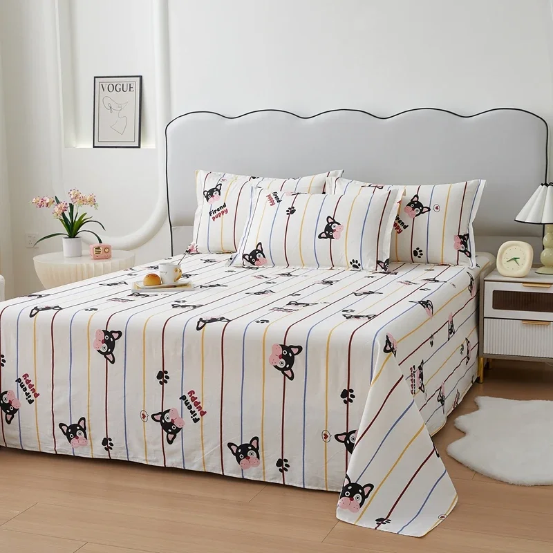 Parure de lit 100% coton avec 2 taies d'oreiller, drap plat, imprimé patte, dessin animé chien, Twin Queen, Kawaii, bouledogue, chiot, rayé