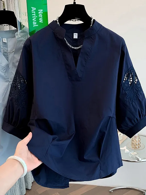 

Summer Casual Loose Cotton Shirt Women's V-neck Sleeveless Hollow Design plus Size Slimming Versatile Top Comfortable Shirt