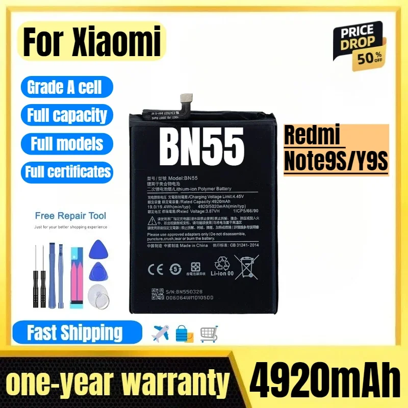 BN55 for Xiaomi Redmi Note9S/Y9S Mobile Phone Battery High Quality High Capacity  Replacement Bateria Grade A Cell with Tools