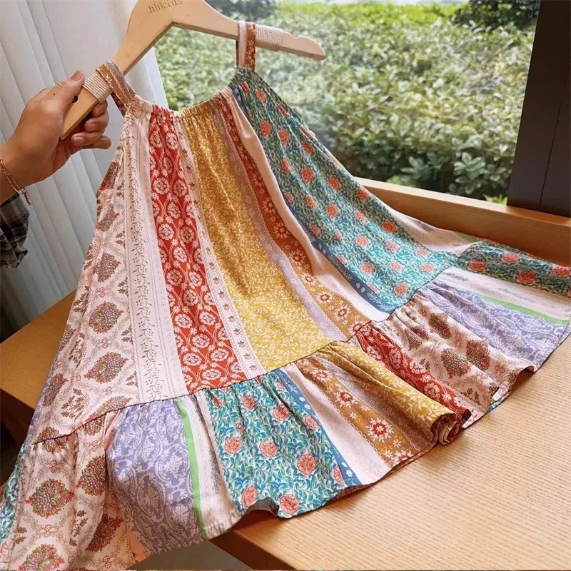 

Trendy Girls' Vintage Ethnic Style Floral Patchwork Dress Summer Bohemian Sleeveless Camisole Dress
