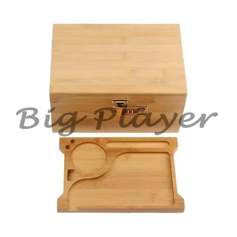 New Bamboo Storage Box with Lock Movable Rolling Tray Tea Cigarettes Operationed Trays Cut Tobacco Reel Handmade Large Stash Kit