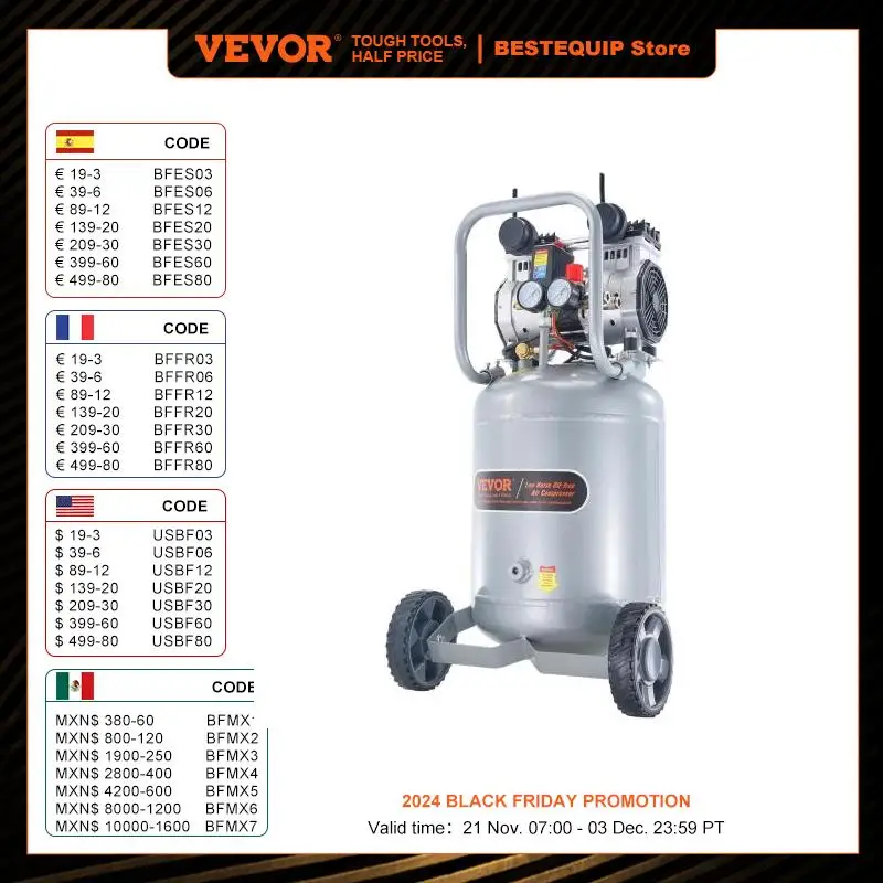 VEVOR-Compresseur d'air portable sans huile, 13 gallons, 2HP, précieux pour la réparation