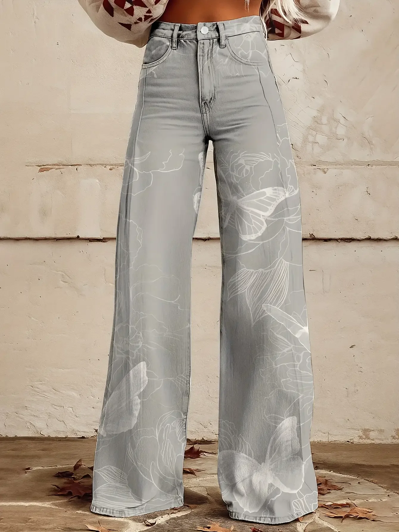 

Women's printed exquisite pattern wide leg imitation jeans, lightweight casual pants, Ladies' autumn clothing