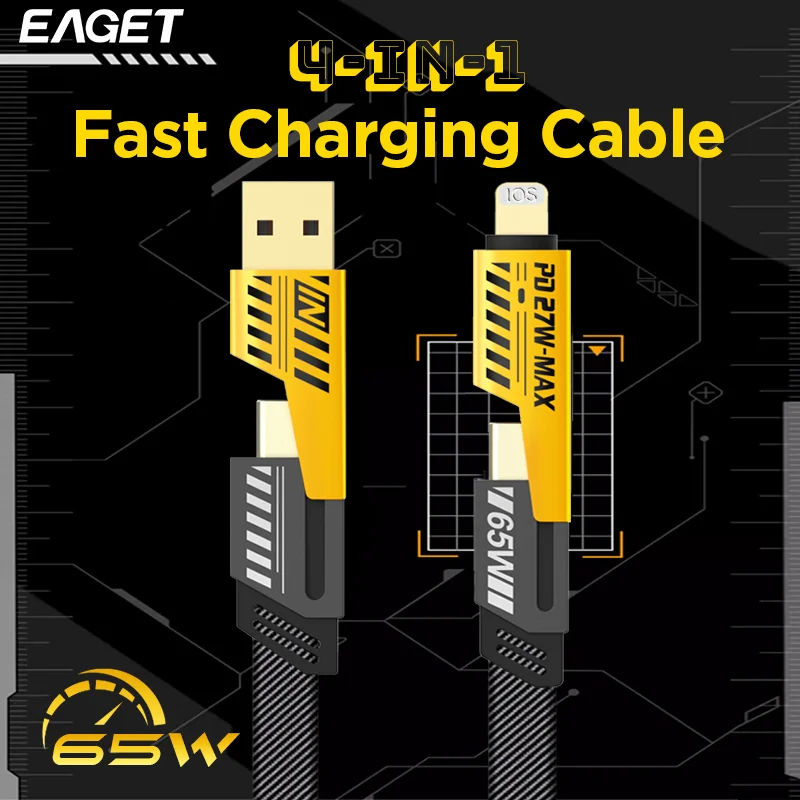 Eaget 4 In 1 65W Fast Charging Cable Cord For iPhone Android USB Type C Charger Cable Multi Port Multiple Usb Charging Wire Line