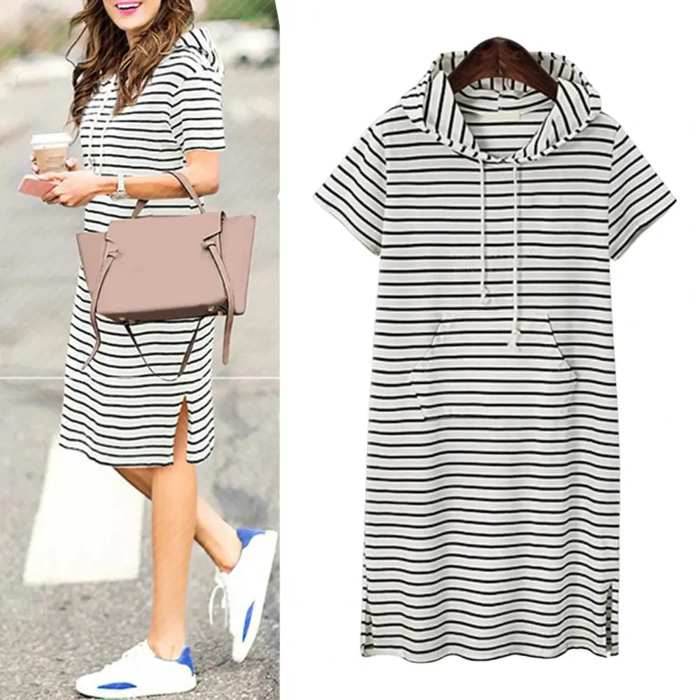 XL-5XL Women Dress Hooded Drawstring Sports Style Short Sleeves Striped Plus Size Loose Fit Summer Casual Dress vestido feminino