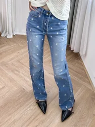 Women Floral Embroidery Jeans High Waist Straight Casual Spring 2024 Denim Long Pants