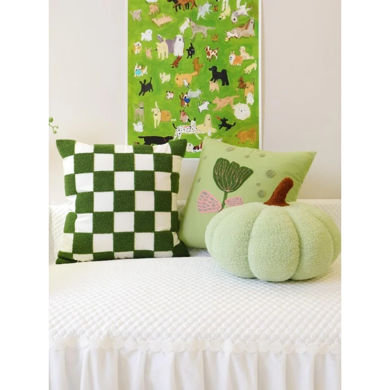 Green Decorative Pillow Set Plush Pumpkin Cushion Checkerboard Tulip Pattern Throw Pillow Hollow Fiber Filling For Sofa Bedroom