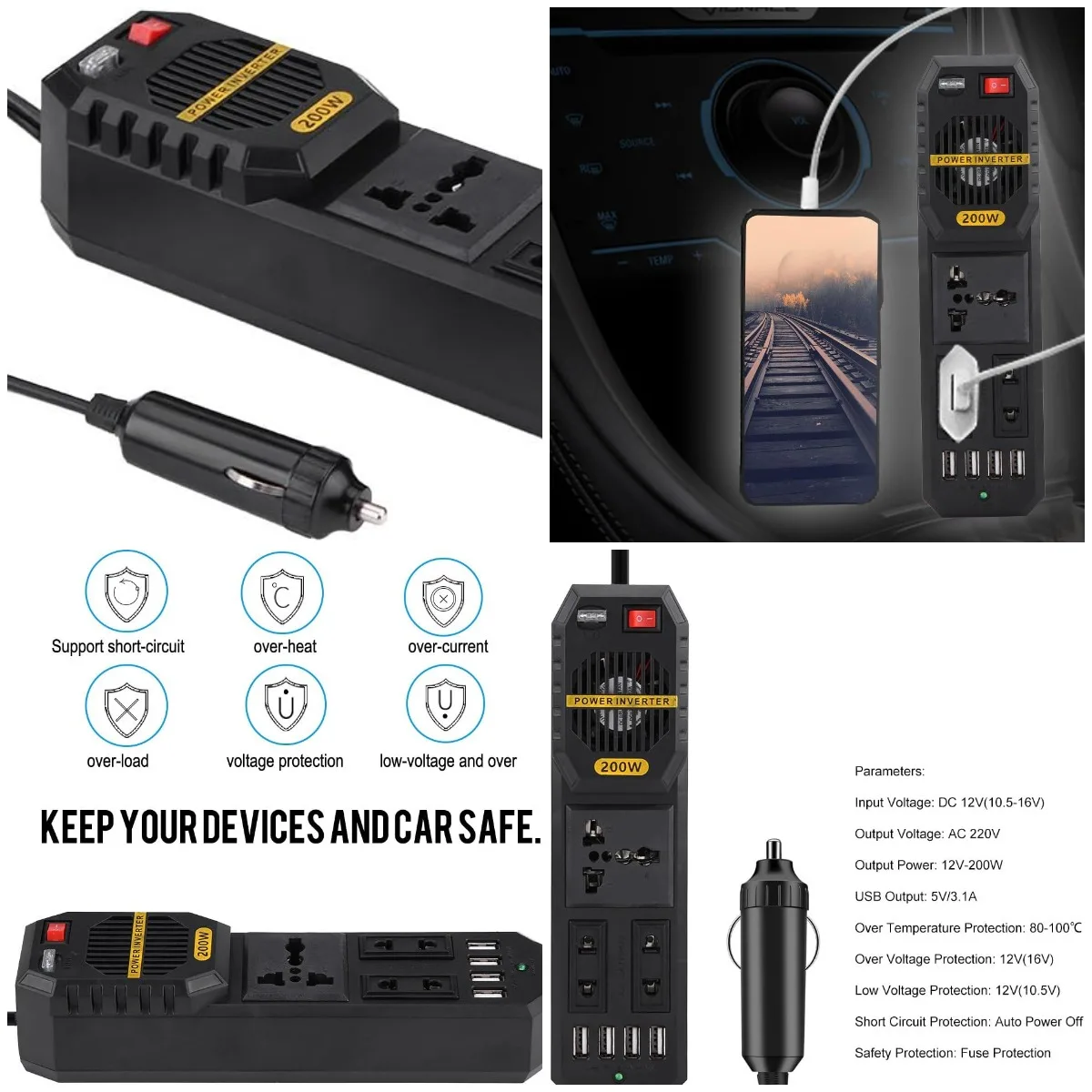 

200W Car Power Inverter, DC 12V to AC 220V Car Power Inverter with 4 USB Port Cigarette Lighter