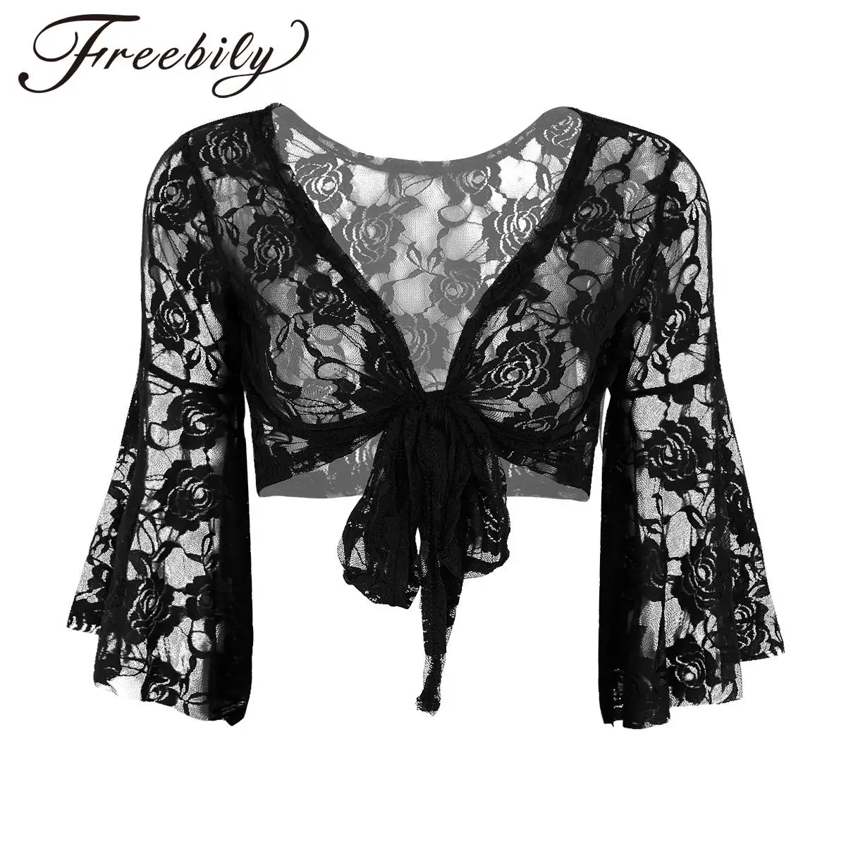 

Women Belly Dancing Crop Top Long Flare Sleeve Sheer Lace Shawl Shrug Fashion Cover Up Cardigan Cape Wraps Performance Dancewear