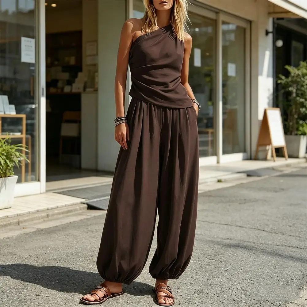 One-shoulder Women Tank Top Pants Two Piece Set Summer Sleeveless Shirt Trousers One-shoulder Sleeveless Shirt Summer Pants Top