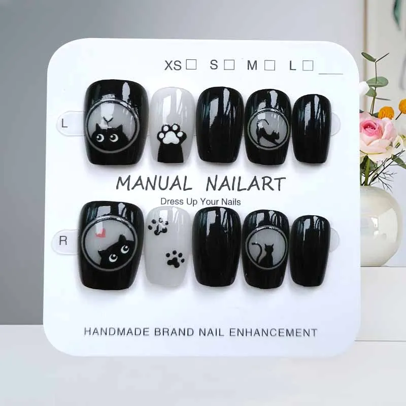 10Pcs Cute Cartoon Black Cat and Pink Bowknot Handmade Press on Nails Square Head Nail Patch Cat Eye Nail Slices Fake Nails Art