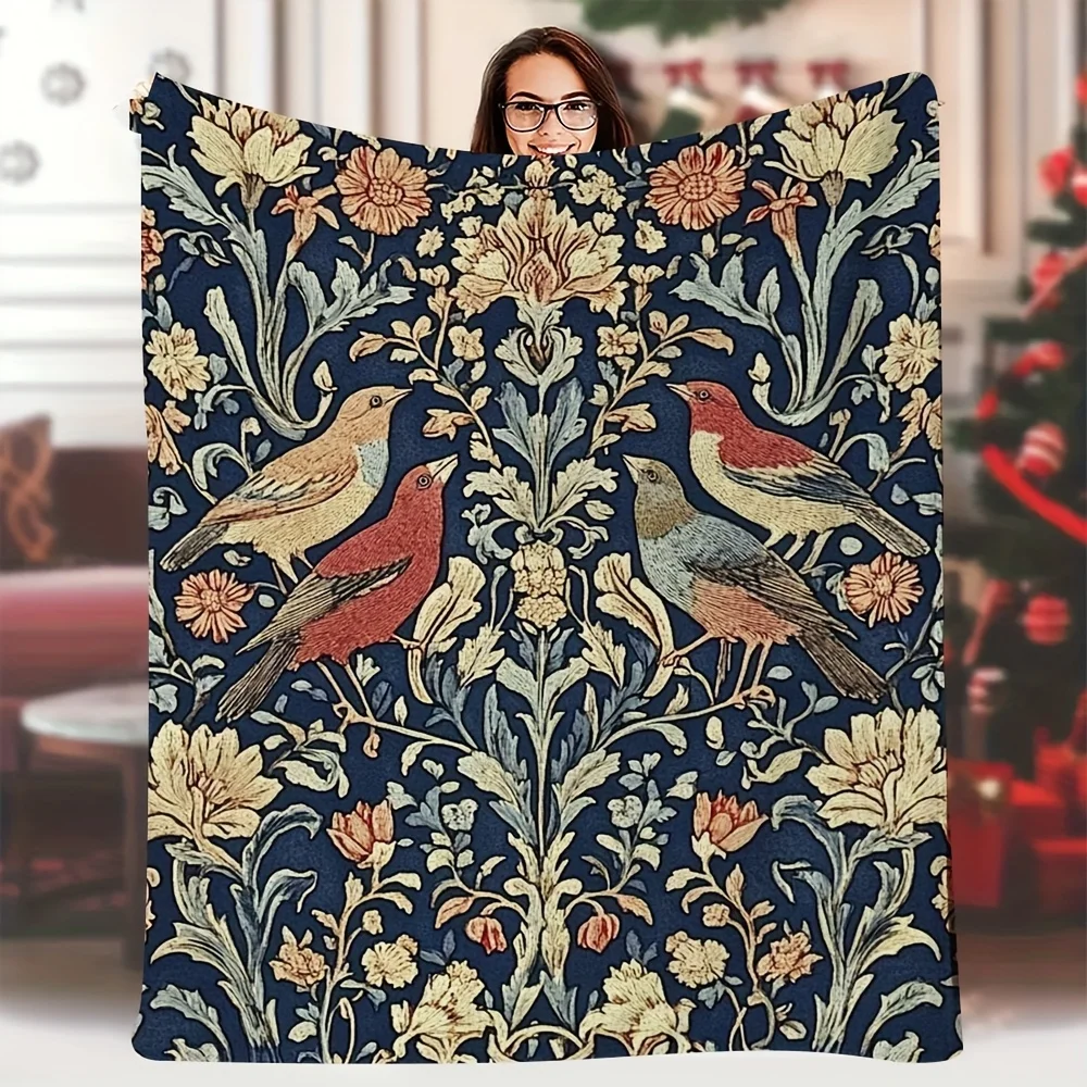 Vintage Navy Blue Floral Bird William Morris Style Print Flannel Blanket Soft Throw For Sofa Bedroom Daily Home Warm Gift