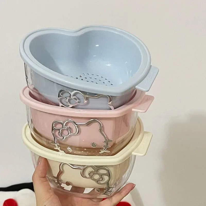 

Hello Kitty Hear Shape Draining Basket Fruit Dish Plastic Vegetable Storage Basket Double-layer Washing Basin Ktchen Tool