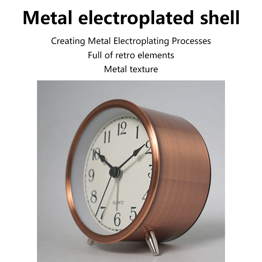 Picture 5: 1pc 3.8-inch Light Luxury Metal Quartz Alarm Clock, Electroplated Metal Shell, Retro Decorative Luminous Desk Clock, No Battery