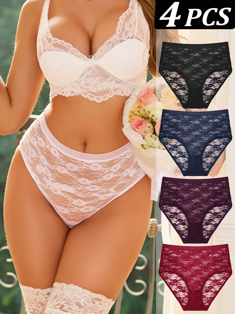 FINETOO 4PCS Frauen Spitze Höschen Sexy Hohl Unterhose Sexy Hohe Taille Spitze Panty Elegante & Romantische Damen Atmungsaktive Unterwäsche