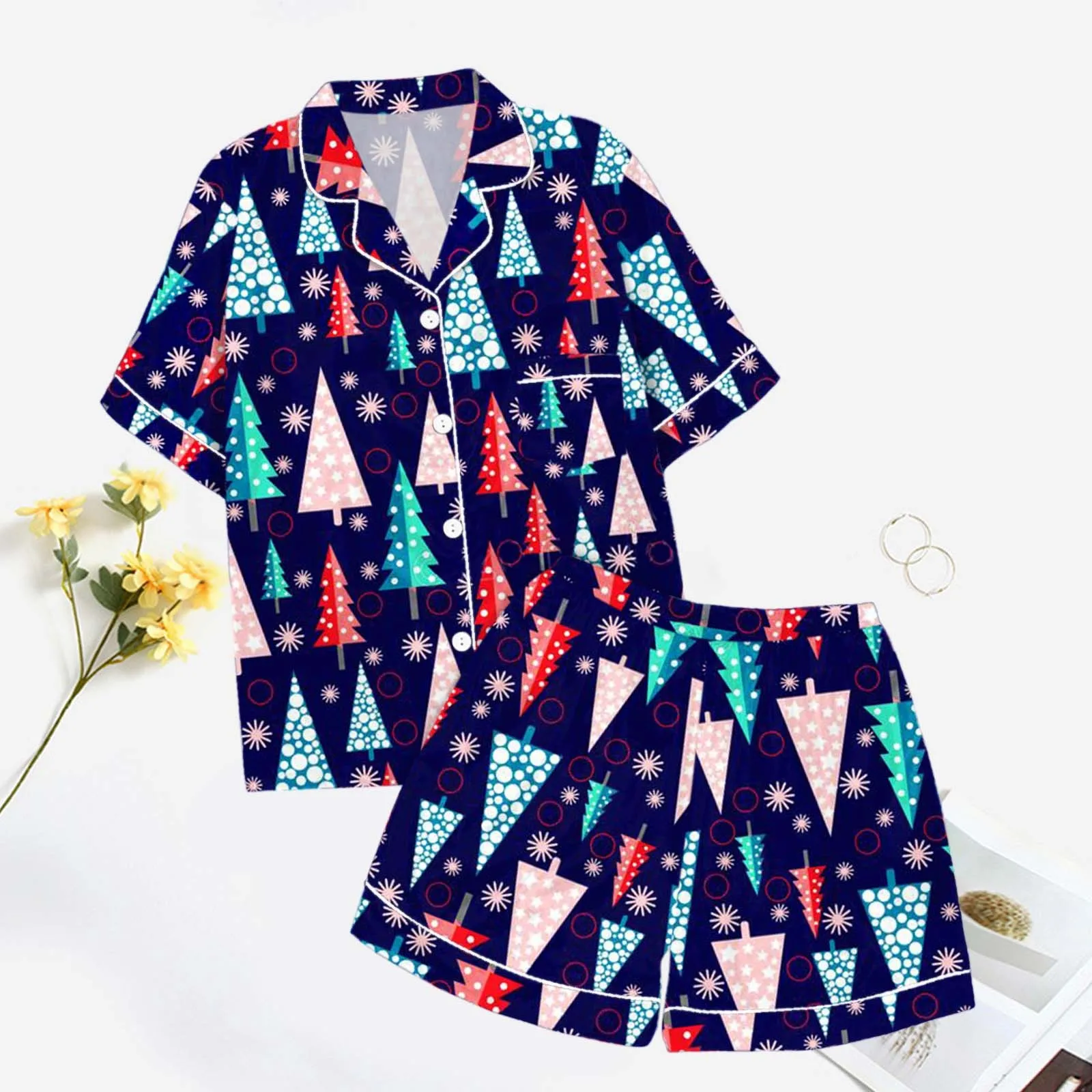 2 PCS Women Pajamas Sleepwear Pajama Set Christmas Bell Print Short-Sleeved Shorts Suit Ventilate Casual Homewear Silk Satin Set