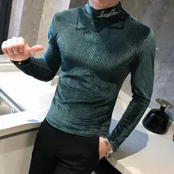 Trend Fashion Autumn Winter Sweaters Men Solid Mock Neck Embroid Thicken Korean Long Sleeve Slim Pullovers Bottoming Shirt Tops