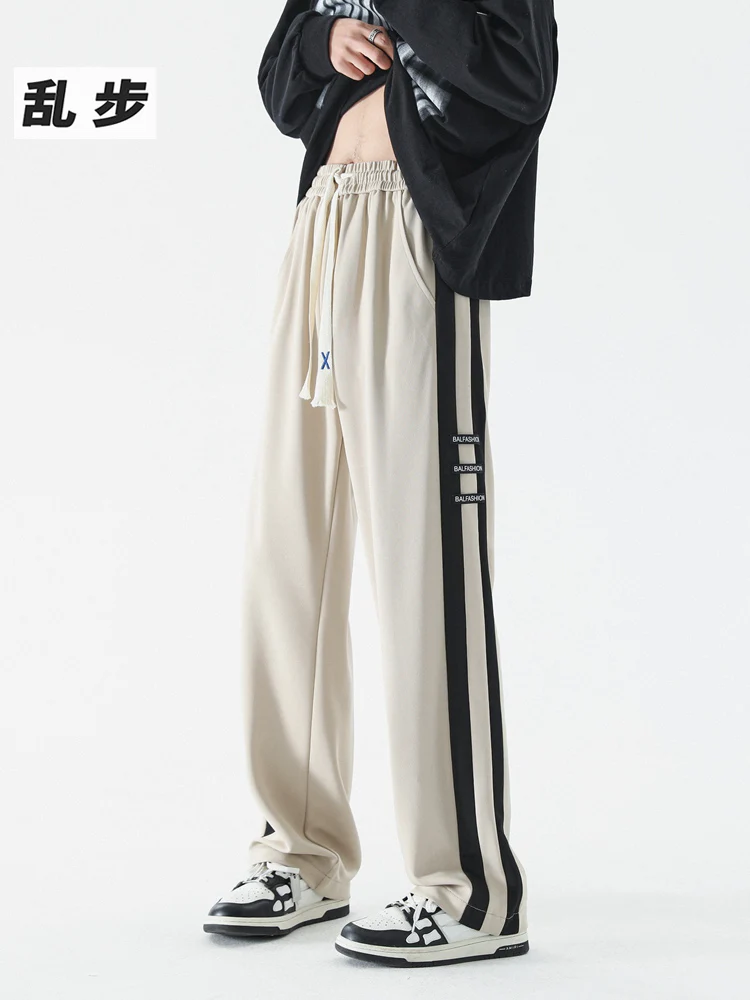 

Rampo Men's Striped Sports Casual Pants Straight Leg Drapey Floor-Length Spring Faion Brand Breathable Polyester Fiber