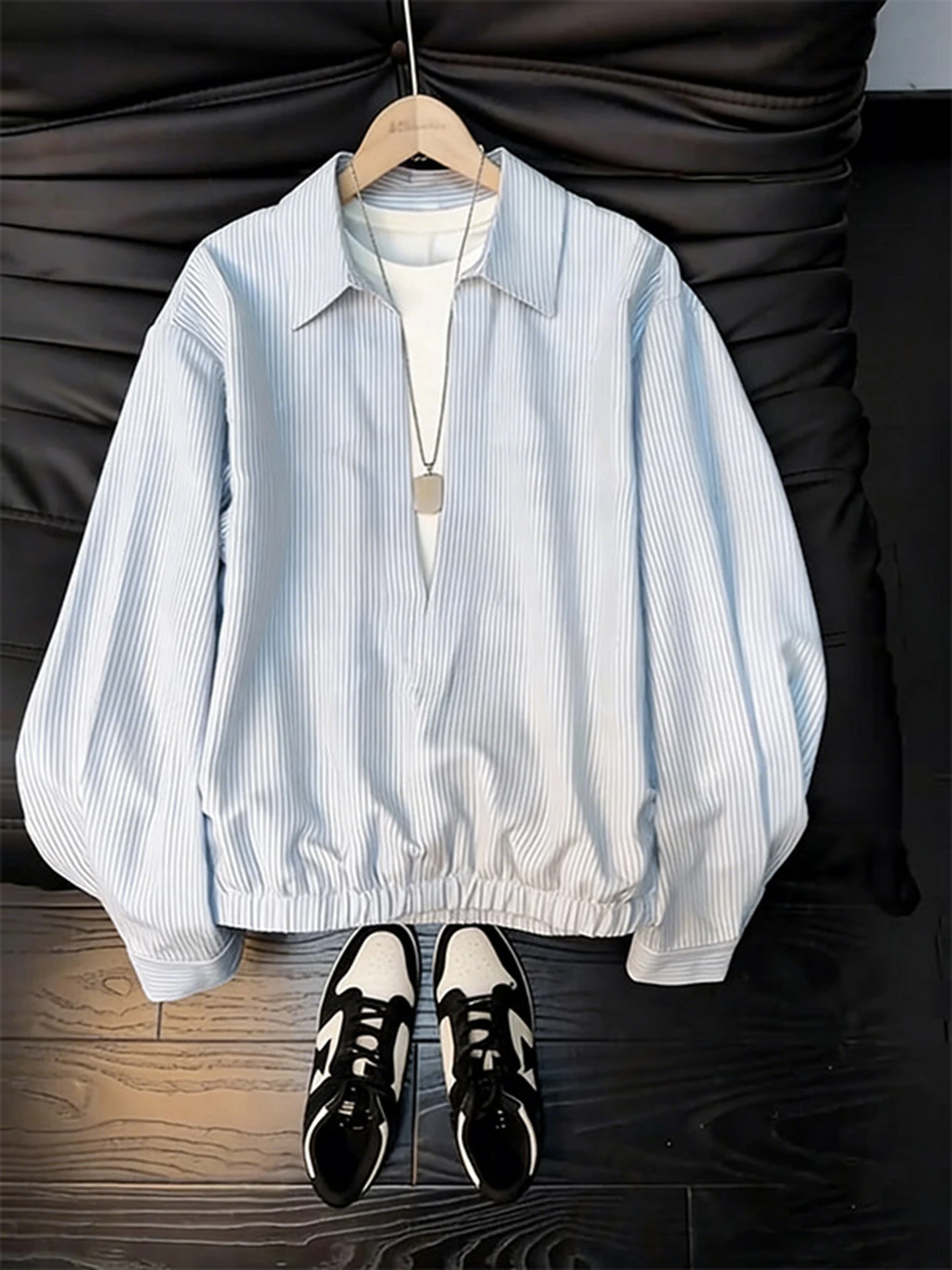 Men's Long Sleeve Striped Shirt Jacket Loose Fit Casual Style Spring Autumn Breathable Comfortable V-Neck Button-Up Top