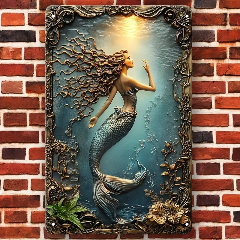 1Aluminum Metal 2D Mermaid Square Decorative Plaque, Contemporary Style Wall Hanging for Living Room, Home, Door, Bar Decor