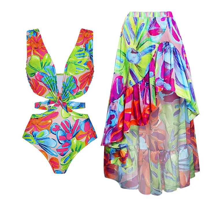 

2025 New Women's Deep V Hollow out Print Swimsuit Set Qui Dry Surfing Suit Fixed Chest Pad No Sve