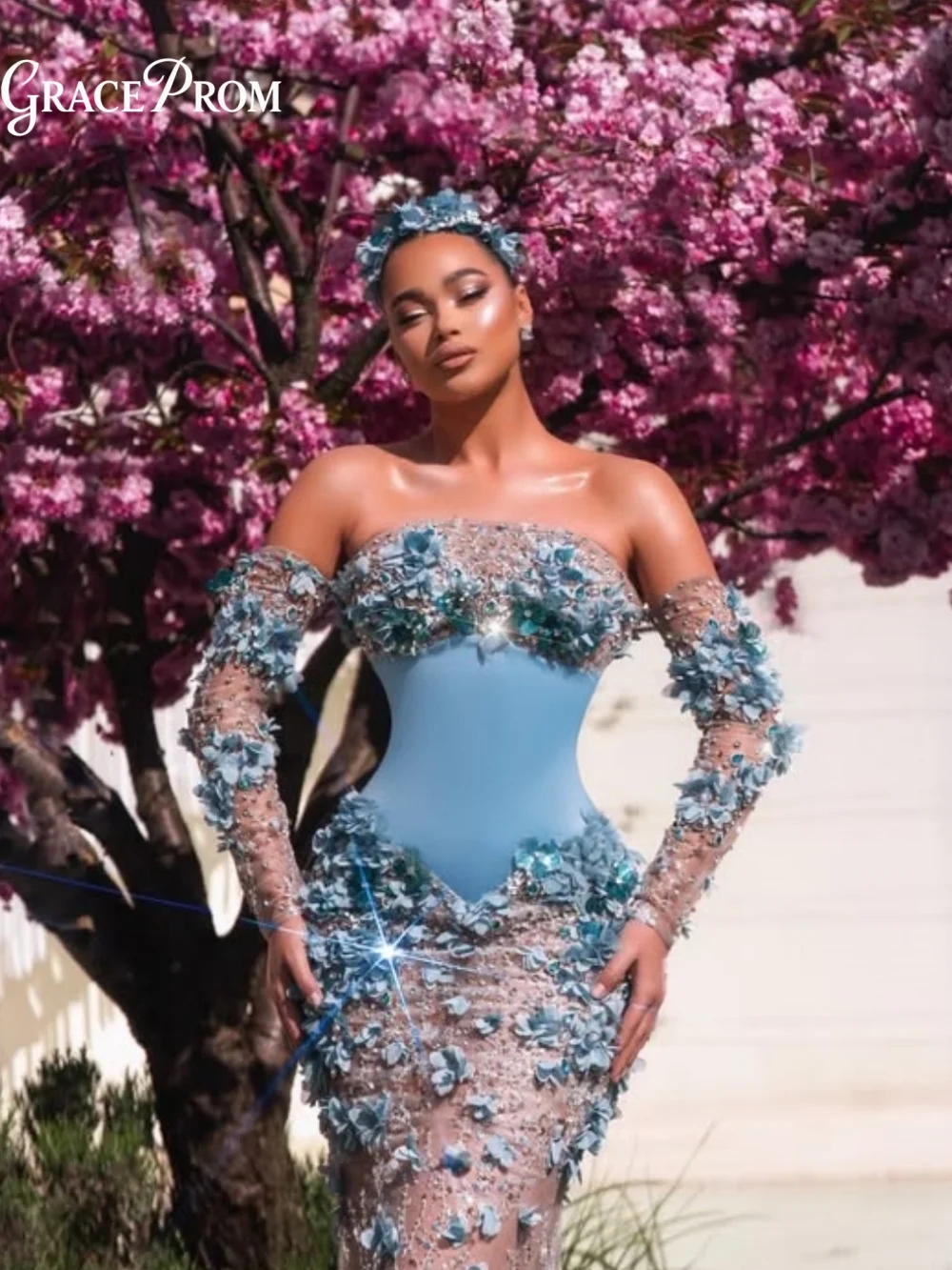 

Elegant Light Blue Strapless Corset Sheer Tulle 3D Floral Appliques Sleeves Party Dress Evening Gown Wedding Guests فساتين سهرة