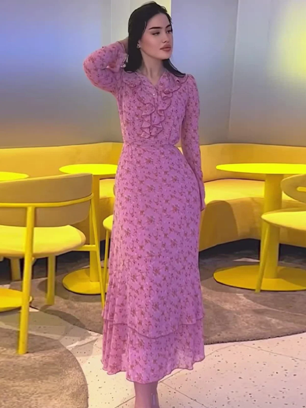 Ele col en dentelle imprimé taille Dr Faionable imprimé fleuri minceur jupe longue tissu Polyester régulier Sve rond Ne