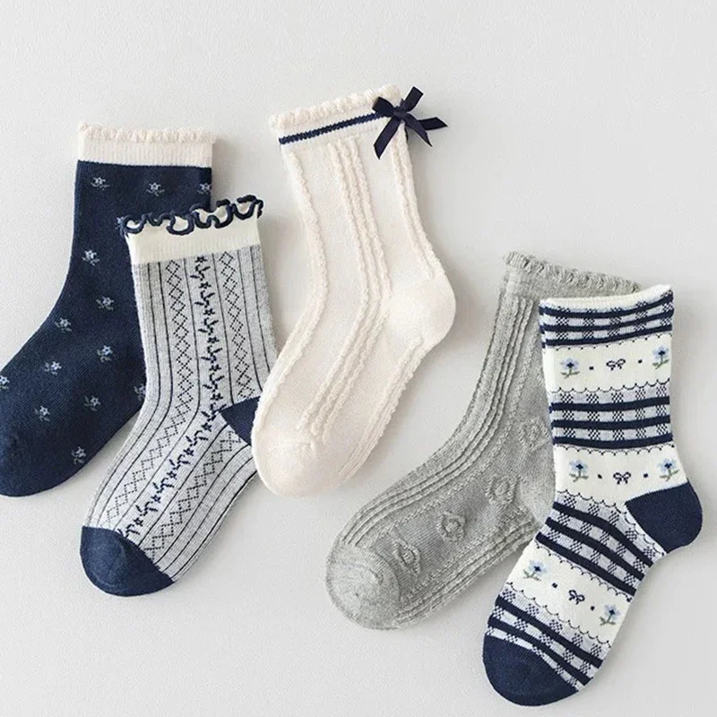5 Pairs of Dark Blue Children's Socks with Cute Lace Bows, Suitable for Spring and Autumn