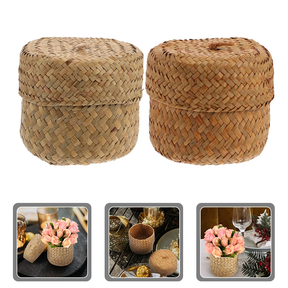 2 Pcs Flower Box Storage Basket Hand Woven Gift Round Baskets Decorative Rope Seagrass Bin Braided Small